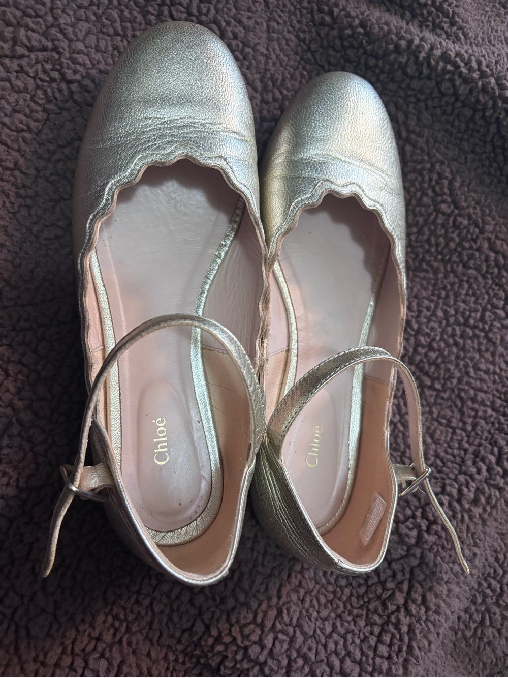 Chloé Metallic Rose Gold Scalloped Ballet Flats with Ankle Strap